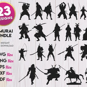 May include: A set of 23 black and white silhouette designs of samurai warriors in various poses. The designs include samurai holding swords, bows and arrows, and spears. The text "23 DESIGNS SAMURAI BUNDLE" is at the top of the image.