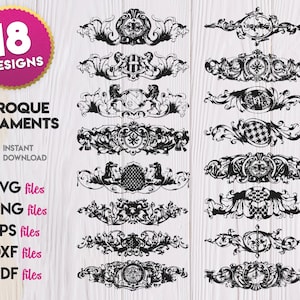 Op de afbeelding: Een set van 18 zwart-witte barokke ornamenten. De ontwerpen zijn ingewikkeld en gedetailleerd, met bloemmotieven, krulwerk en andere decoratieve elementen. De ontwerpen zijn perfect voor gebruik in scrapbooking, kaartmaken en andere knutselprojecten.
