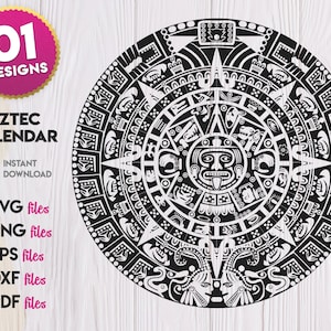 May include: A black and white Aztec calendar design. The circular design features intricate patterns and a central face. The image includes the text "AZTEC CALENDAR" and file type options: SVG, PNG, EPS, DXF, and PDF.