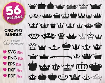 May include: A set of 56 black and white crown silhouette designs. The designs are in a variety of styles, including simple, ornate, and regal. The text "56 Designs" and "Crowns Bundle" is visible in the image.