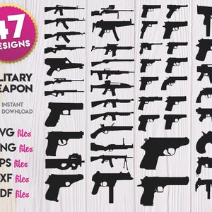 May include: A digital download of 47 black and white military weapon silhouette designs. The designs are available in SVG, PNG, EPS, DXF, and PDF file formats.