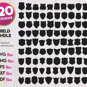 May include: A set of 120 black shield shapes in various styles. The shields are arranged in a grid pattern on a white wooden background. The text "120 DESIGNS" is in a pink circle at the top left of the image. The text "SHIELD BYNDLE" is below the circle. The text "INSTANT DOWNLOAD" is below the shield designs. The text "SVG files", "PNG files", "EPS files", "DXF files", and "PDF files" are listed below the download text.