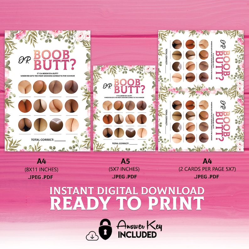 Boobs or Butts Game With Answer Key, Floral Printable Bachelorette Game ...
