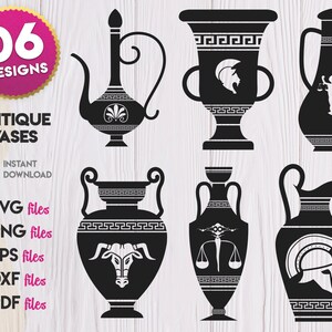 Peut inclure: Ensemble de six vases antiques en silhouette noire. Les vases sont décorés de motifs géométriques et de divers symboles, dont un taureau, une balance, un casque et une créature mythique.