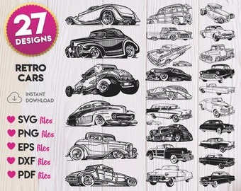 May include: A set of 27 black and white retro car illustrations. The illustrations are in a vintage style and feature a variety of classic cars, including sedans, coupes, and convertibles. The illustrations are perfect for use in scrapbooking, card making, and other craft projects.