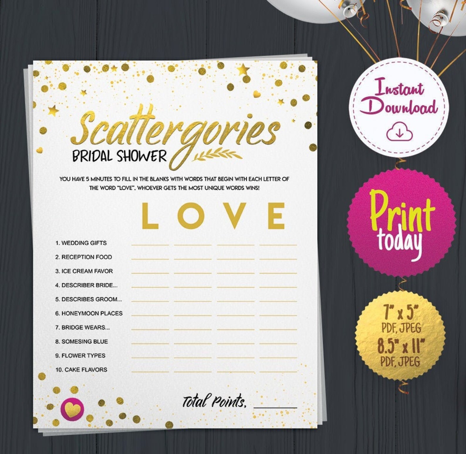 Bridal Shower Scattergories printable Bridal Shower Game | Etsy