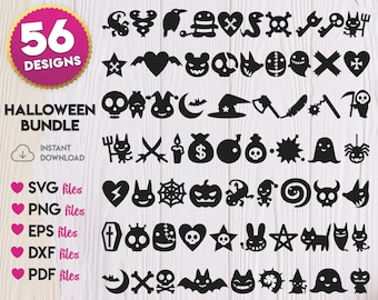 Puede incluir: Un conjunto de 56 iconos en blanco y negro con temática de Halloween, que incluyen murciélagos, fantasmas, calabazas, calaveras y sombreros de bruja. Los iconos están dispuestos en filas y columnas sobre un fondo blanco. El texto "56 DESIGNS" y "HALLOWEEN BUNDLE" está en la parte superior de la imagen. El texto "INSTANT DOWNLOAD" está debajo del título. El texto "SVG files", "PNG files", "EPS files", "DXF files", y "PDF files" está listado debajo de la información de descarga.