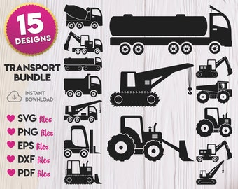 Construction Transport SVG, Gas tanker, Concrete mixer, Tractor, Excavator, Quarry excavator, Loader, Crane, Bulldozer, svg, silhouette