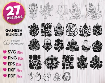 Puede incluir: Un paquete de descarga digital de 27 ilustraciones vectoriales en blanco y negro de la deidad hindú Ganesha. Las ilustraciones están en varias poses y estilos, incluyendo tradicionales y modernos. El texto "GANESH BUNDLE" y "27 DESIGNS" está incluido en la imagen.