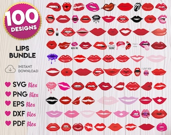 May include: A digital download of 100 lip designs in various styles and colors. The designs include lips with lipstick, hearts, and text like "Kiss Me Now!" and "I Love You".