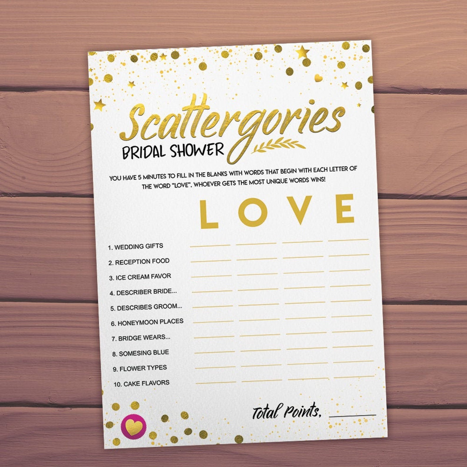 Bridal Shower Scattergories printable Bridal Shower Game | Etsy