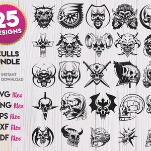 May include: A set of 25 black and white skull designs. The skulls are in various poses and styles, including some with wings, horns, and other embellishments. The designs are perfect for use in crafting, scrapbooking, and other creative projects.
