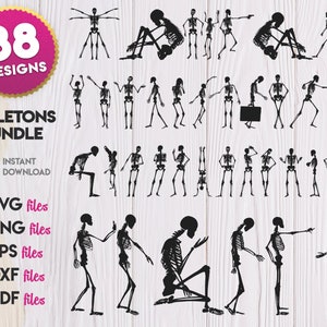 Könnte beinhalten: Ein Set mit 38 schwarzen Skelett-Illustrationen in verschiedenen Posen. Die Skelette befinden sich in verschiedenen Positionen, darunter stehend, sitzend und liegend. Die Illustrationen sind perfekt für Halloween-Bastelarbeiten, Dekorationen und Projekte.