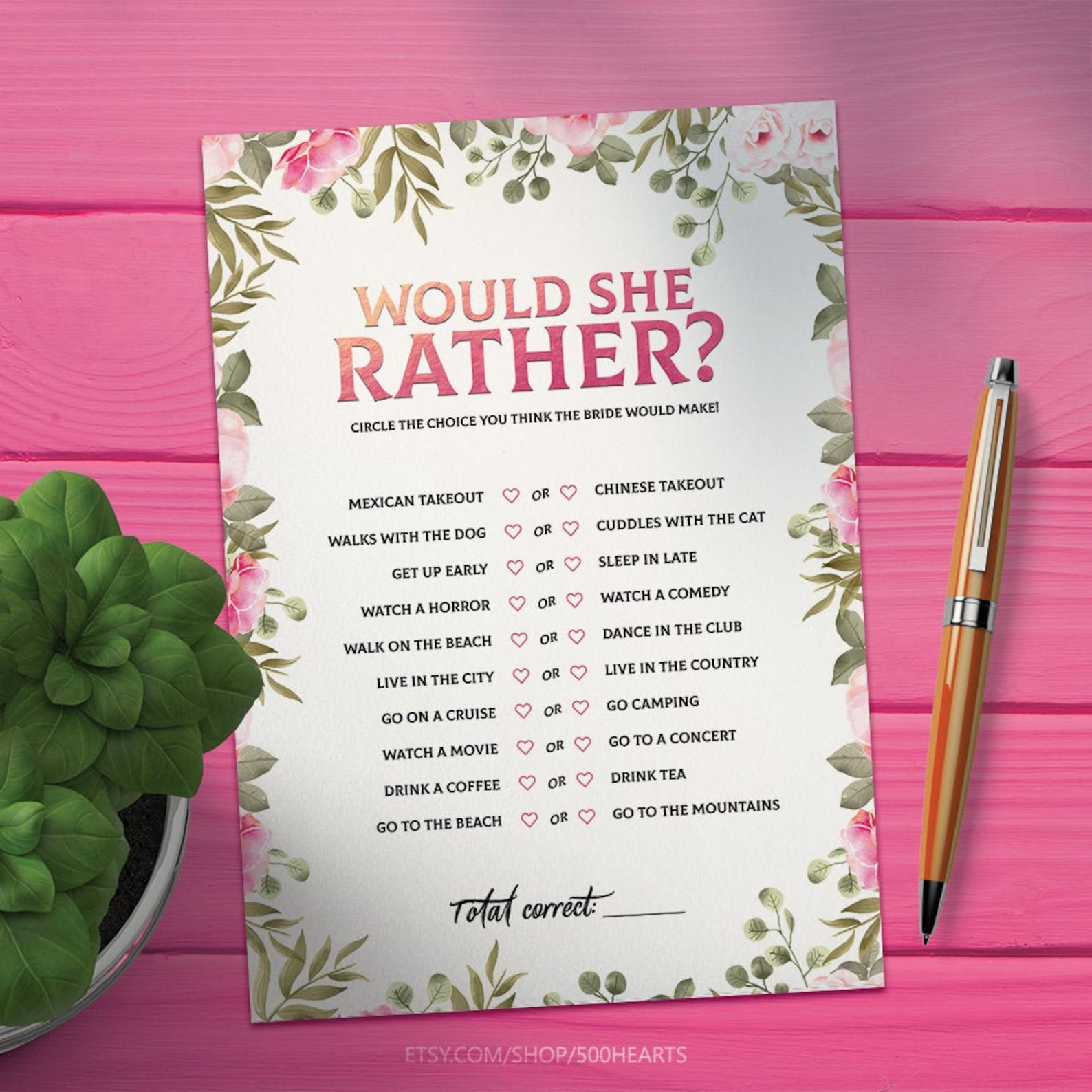 Would She Rather Bridal Shower Game, Floral Bridal Shower Games, Bridal