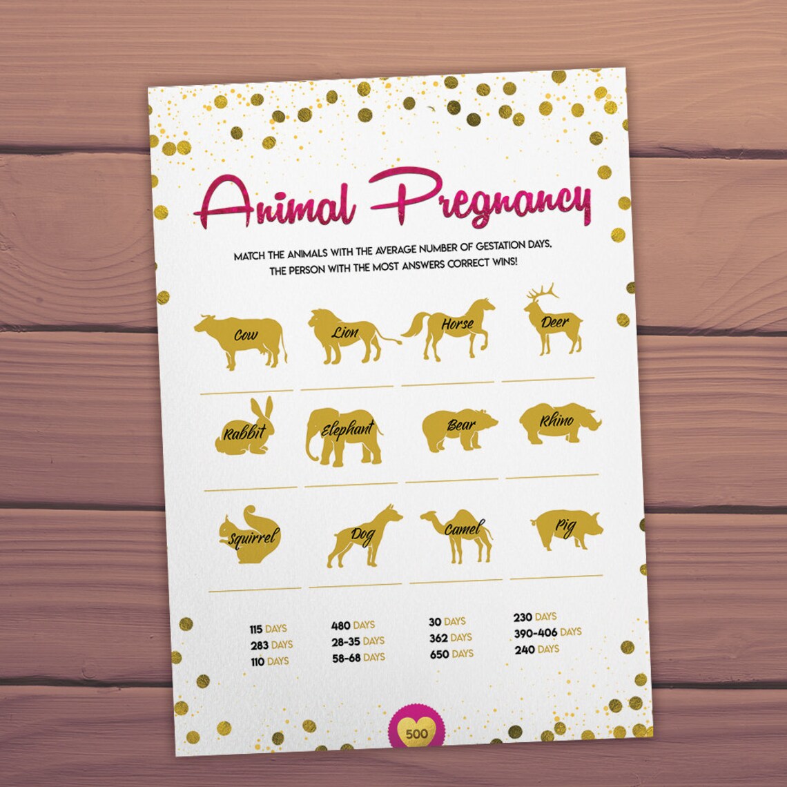 Animal Gestation Game, Animal Pregnancy Game Days, Printable Baby Games
