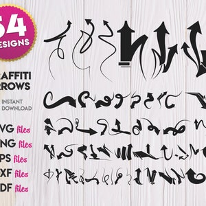 Puede incluir: Un conjunto de 54 diseños de flechas de graffiti en blanco y negro. Las flechas son de varios estilos y direcciones. La imagen incluye el texto "54 Designs", "Graffiti Arrows", "Descarga instantánea", "Archivos SVG", "Archivos PNG", "Archivos EPS", "Archivos DXF" y "Archivos PDF".
