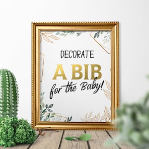 Decorate a Bib for the Baby Printable Sign, Baby Shower Sign, Baby Shower Banner, Printable, Instant Download, Greenery and Gold Decor