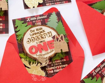 lumberjack handmade invitation, baby invitation, forest card, first birthday, overall, baby suit, flannel invitation, creative card