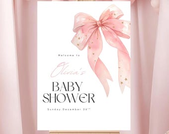 Pink Bow Welcome Sign,  Pink Bow Baby Girl Shower Sign Template, Welcome Sign Printable, Girl Baby Shower Welcome, Watercolor bow, Template