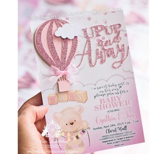 Hot air balloon, handmade invitation, baby shower girl invitations, up up and away, hot air balloon theme party, teddy bear invitation bild 1