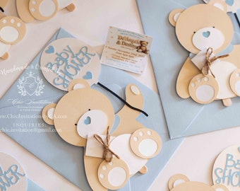 Teddy bear handmade invitation, baby shower invitation, teddy invitation, baby boy, baby shower invitations, first birthday