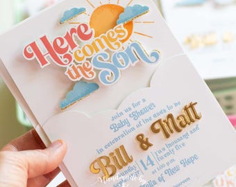 here comes the son, handmade invitation, here comes the sun theme, birthday invite, baby shower invitation, its a boy invitation, 3d card
