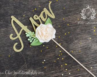 cake topper, handmade cake topper, floral cake topper, first birthday decoration, name cake topper, custom name and color