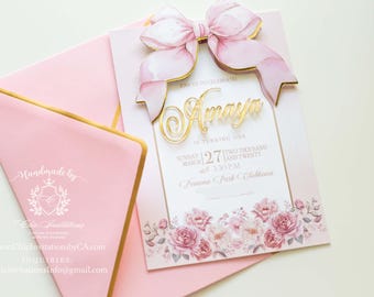 handmade bow invite, pink bow invite, simple bow pink card, baby shower, first holy communion, first birthday, baby shower, gold, pink
