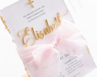 Elegant simple bow pink invitation, ribbon, card, baby shower, first holy communion, first birthday, baby shower, bridal shower, gold, pink