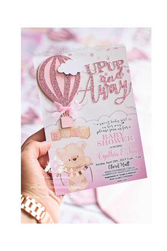 Hot air balloon, handmade invitation, baby shower girl invitations, up up and away, hot air balloon theme party, teddy bear invitation