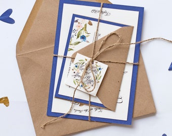 handmade invitation, wedding invitations, blue wedding invitations, boho chic invitation, vintage invitation, floral invitations, spring
