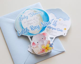 Hot air balloon invitation, handmade card, first birthday boy, baby blue, creative card, die cut, handmade card
