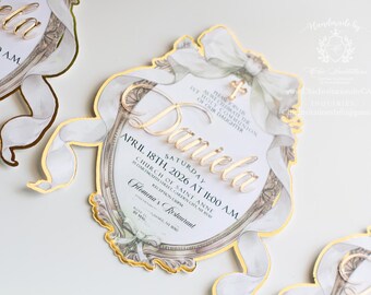 Elegant simple bow pink invitation, ribbon, card, white, first holy communion, first birthday, baby shower, bridal shower, gold,