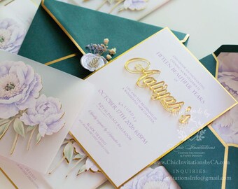 Handmade quinceanera invitations, floral wedding invitation, elegant card, acrylic invitation, sweet sixteen,