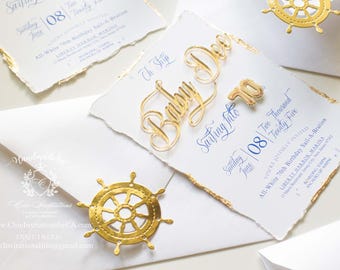 Nautical handmade invitation, 3D card, wedding invitation, 70th birthday invitation, navy color invite, navy blue, nautical invite,
