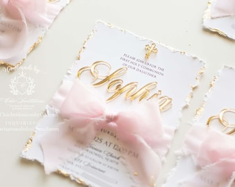 Elegant simple bow pink invitation, ribbon, card, baby shower, first holy communion, first birthday, baby shower, bridal shower, gold, pink