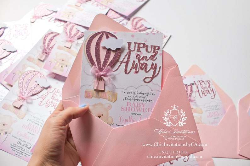 Hot air balloon, handmade invitation, baby shower girl invitations, up up and away, hot air balloon theme party, teddy bear invitation bild 2