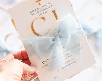 Elegant simple bow blue invitation, ribbon, card, baby shower, first holy communion, first birthday, baby shower, bridal shower, gold, boy