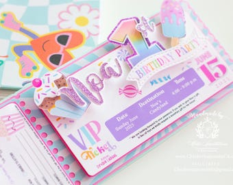 Handmade invitation, ticket invite, candyland invitation, colorful invite, rainbow ticket, handmade card
