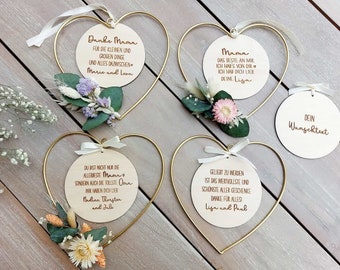 Gift Mother’s Day Grandma Mom I Golden heart with individual wooden sign I with dried flowers