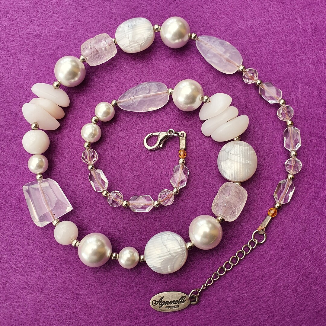 Handmade Italy, White Necklace, Acrylic Beads, Gift Idea for Her