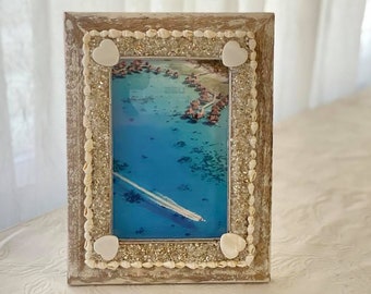 Romantic Hand decorated Rustic Wood Shell Frame with Mother of Pearl Hearts, Beads, Shells, and Glass Sparkles