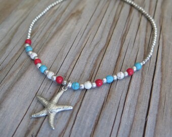 Starfish anklet. Beautiful anklet with beads turquoise-red.