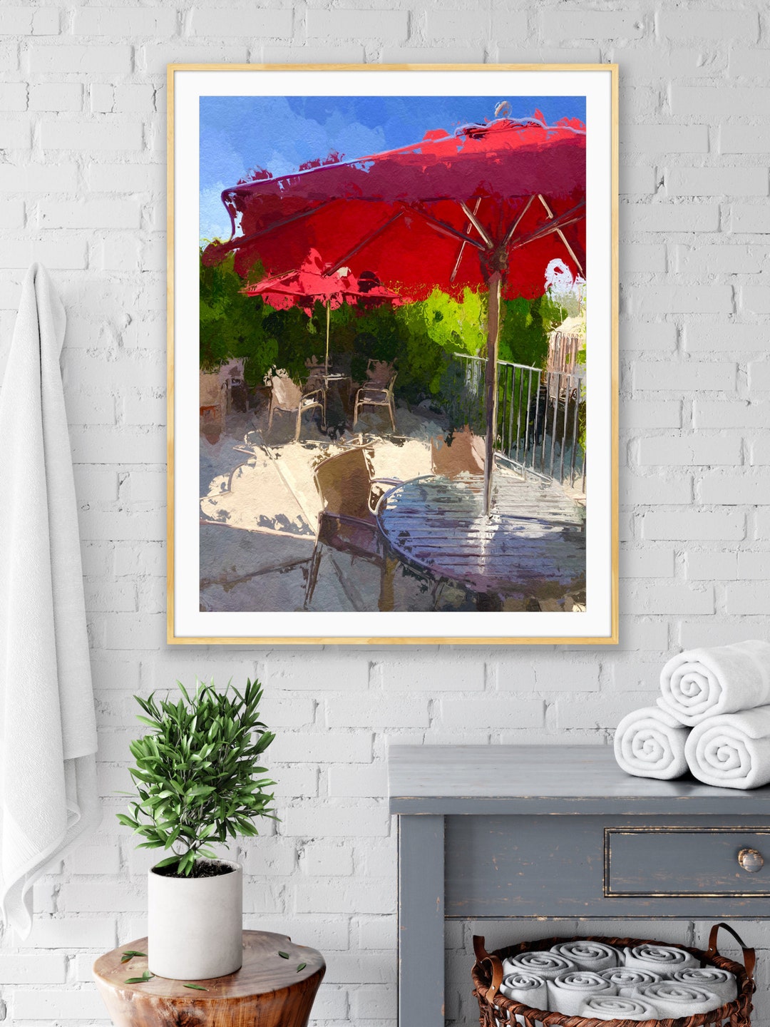 Umbrella Art Print, Red Umbrella Wall Art, Coastal Wall Decor, Patio