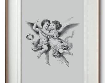Playful Waltz — Cherub Fantasy Art Print | Mythology-Inspired | Romantic Soft Drawing