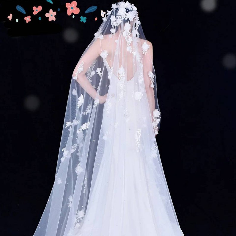 White Cathedral Bridal Veil with 3D Flowers Ivory Chapel Veil Long Floral Veil with comb Floral Wedding Veil 300 cms In White or Ivory