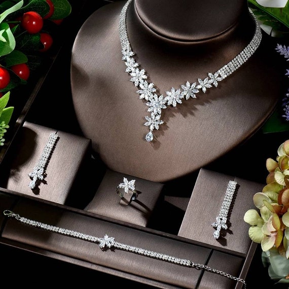Silver wedding Necklace Earring Bracelet & Ring set-Wedding | Etsy