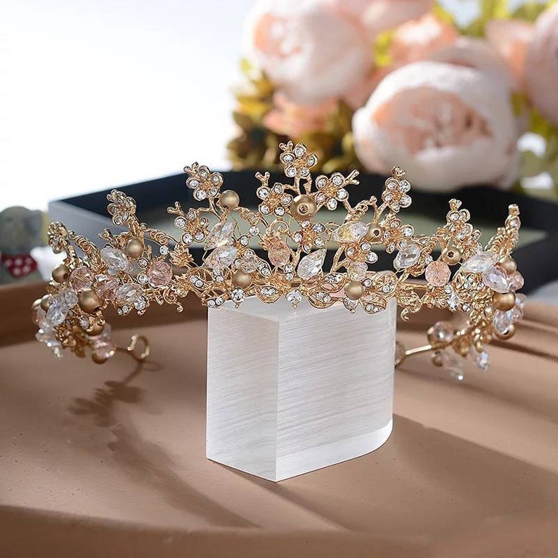 Gold Bridal Tiara Encrusted with Crystals-Wedding Hair Accessories,Brides Hair Jewellery-Gold Wedding Crown-Tiaras for Brides-Pearl Tiara