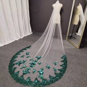 White Bridal Veil with Emerald green 