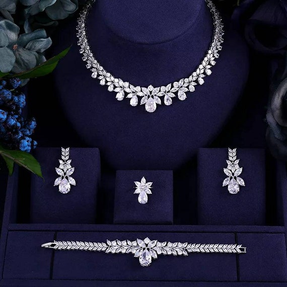 Silver Bridal Necklace Earring & Bracelet Set-wedding | Etsy